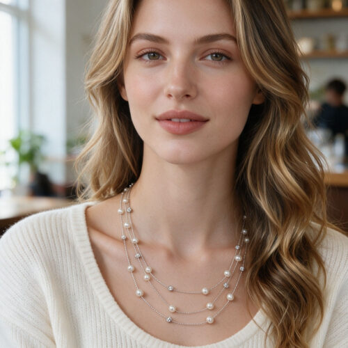 Pearl & CZ Layered Necklace — Alternate view