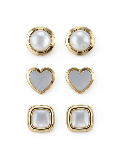 3-Pair Pearl Bezel Stud Set