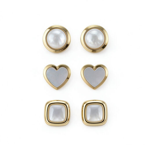 3-Pair Pearl Bezel Stud Set